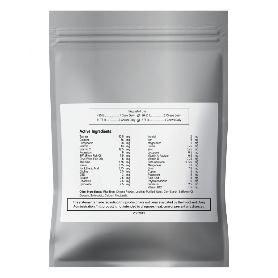 CBD pet multivitamin soft chews 60g 2.12oz 150mg isolate label 1
